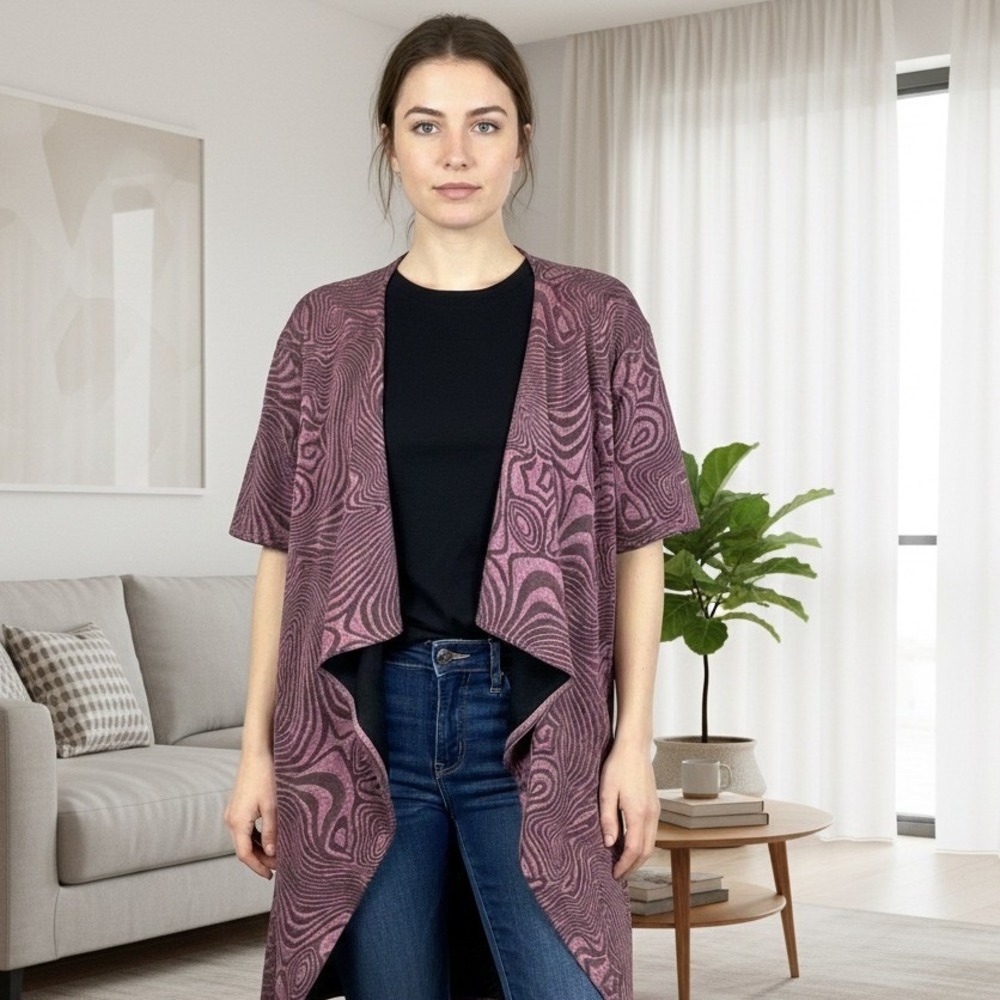 New LuLaRoe Womens Size Small Shirley Kimono Cardigan Pink Purple Swirl Textured